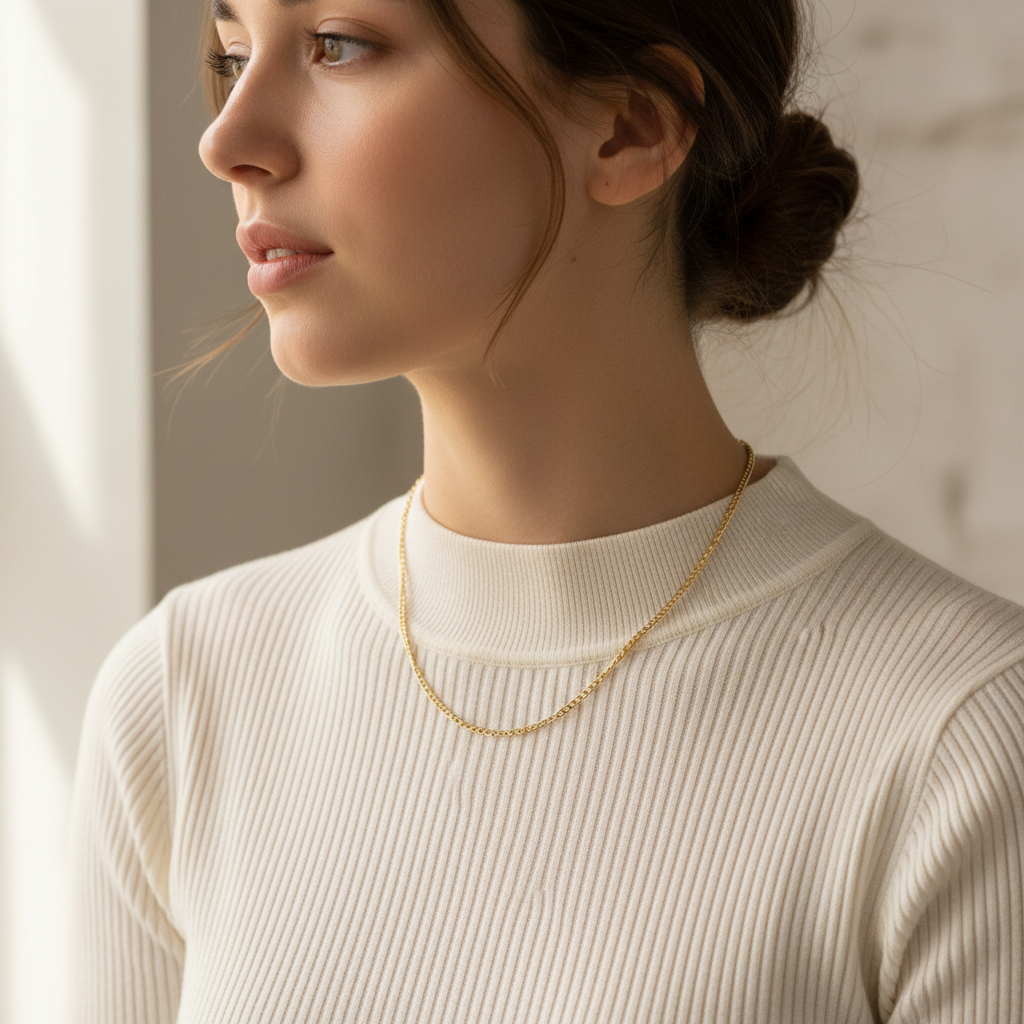 Woman wearing 18K gold filled 3mm curb chain necklace