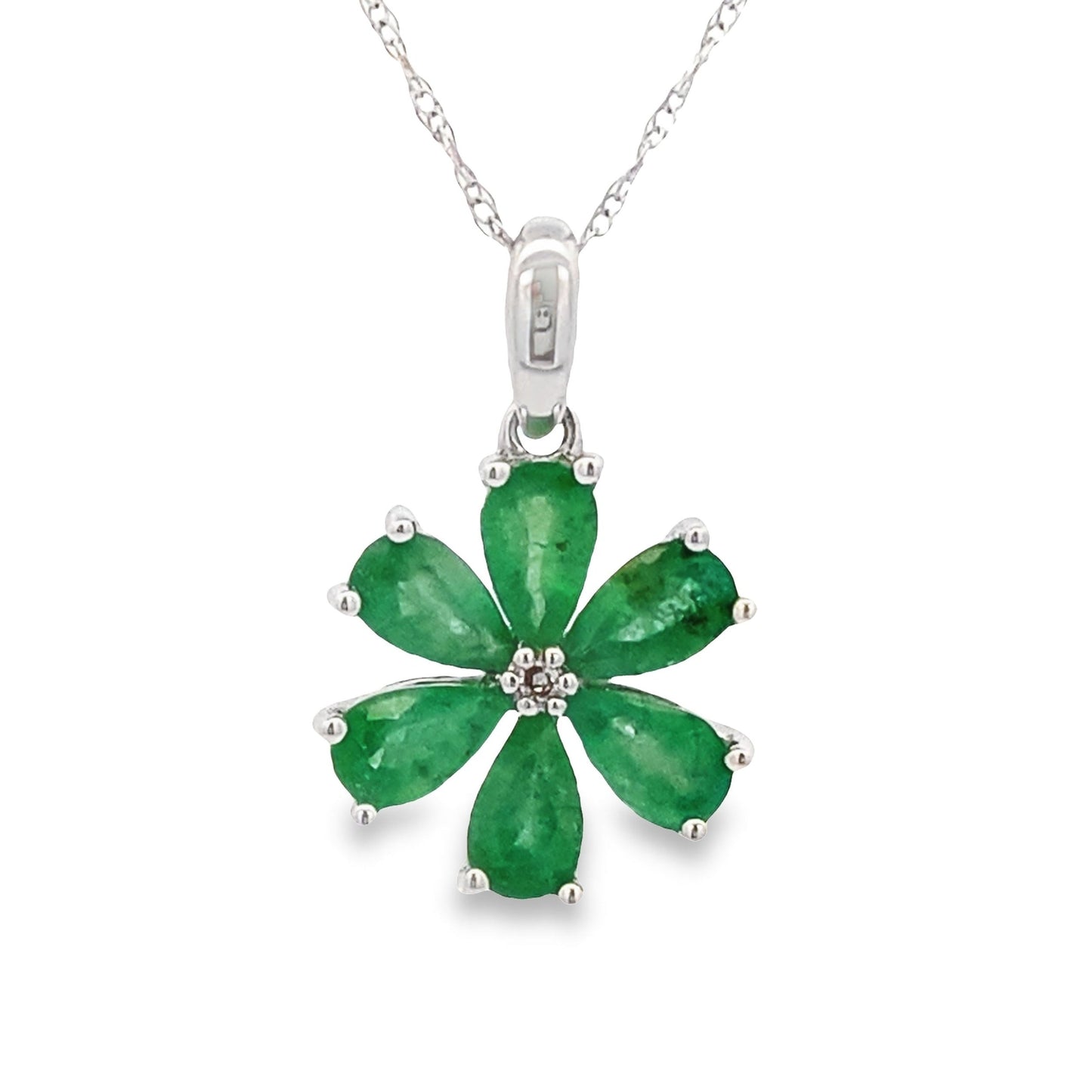 Natural Emerald & Diamond Pendant in 14K White Gold