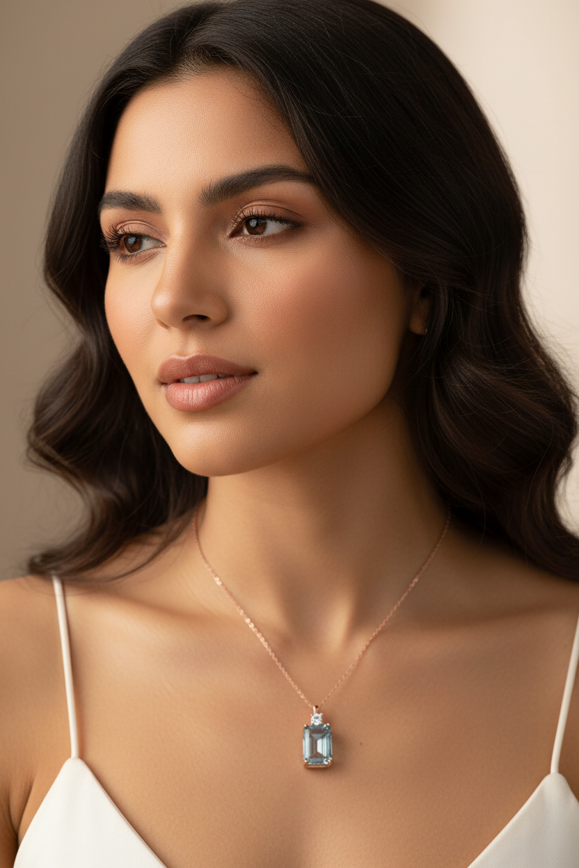 Latin Model Wearing Aquamarine Necklace