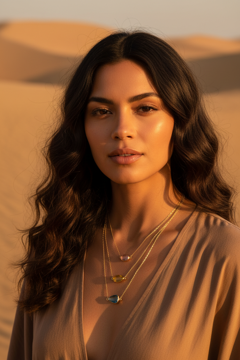 Latin woman wearing first necklace in desert