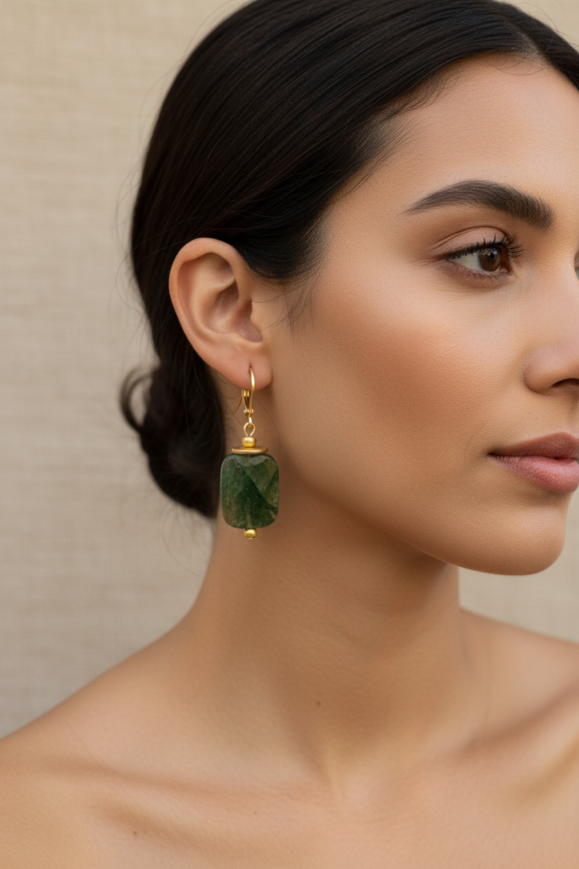 Latina model wearing Moss Agate earrings