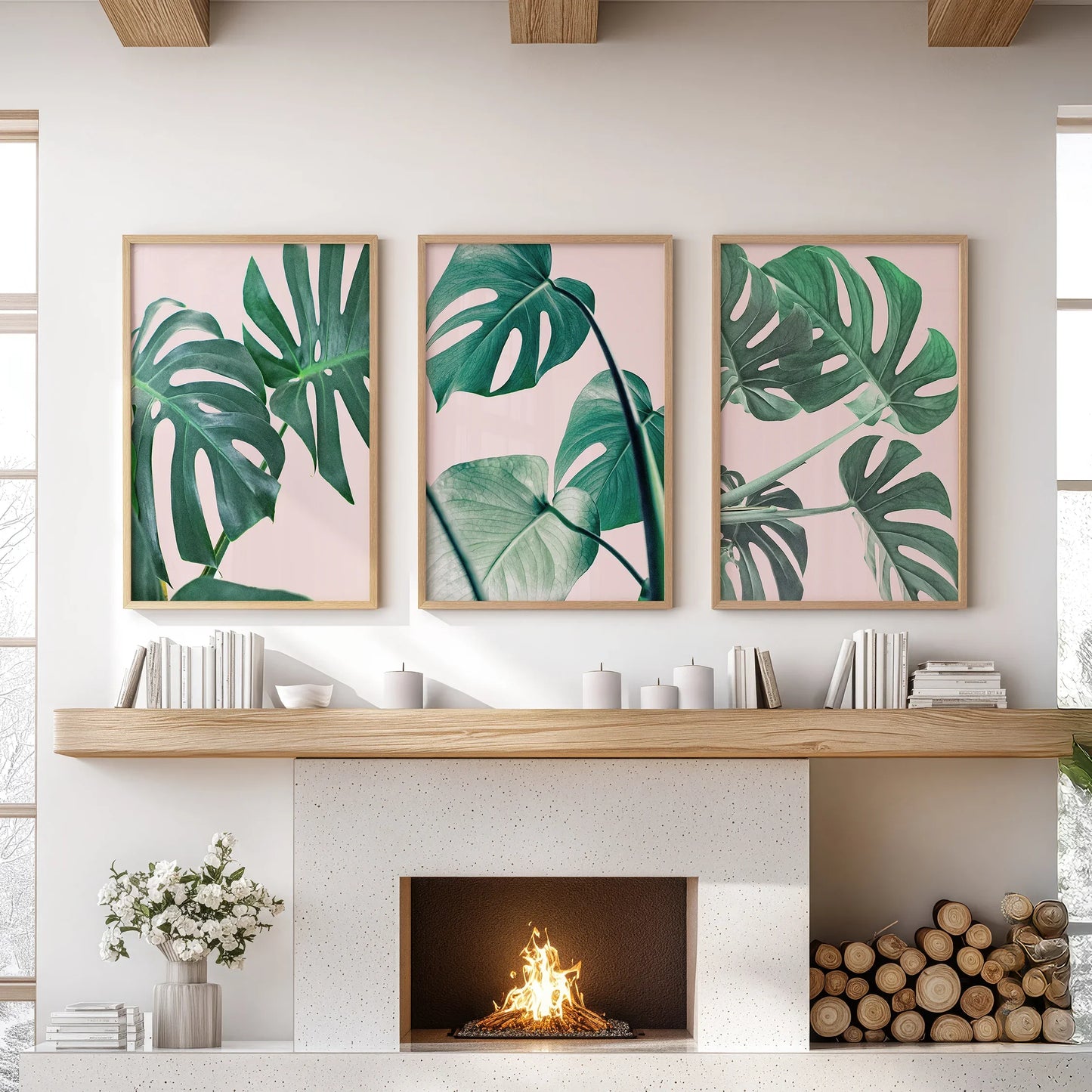 Botanical Wall Art Set of 3 | Pink & Green Monstera Leaf Prints