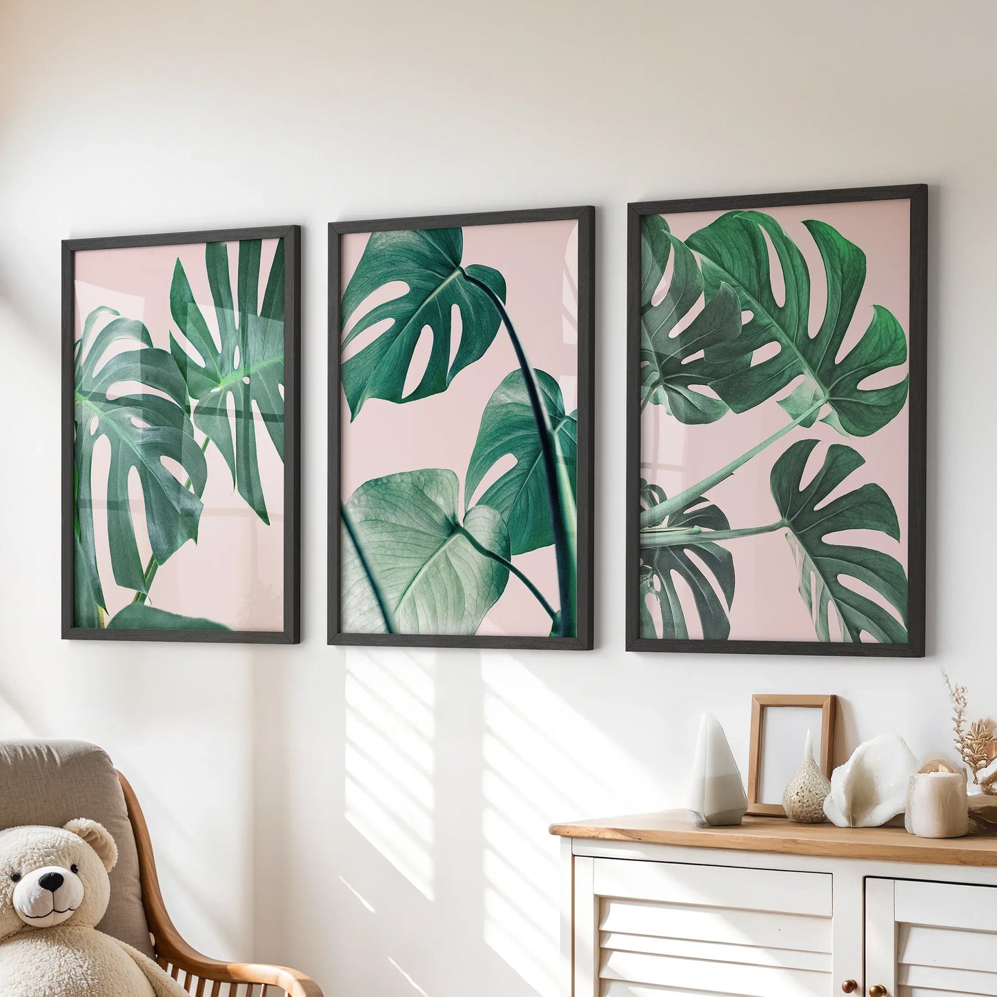 Botanical Wall Art Set of 3 | Pink & Green Monstera Leaf Prints