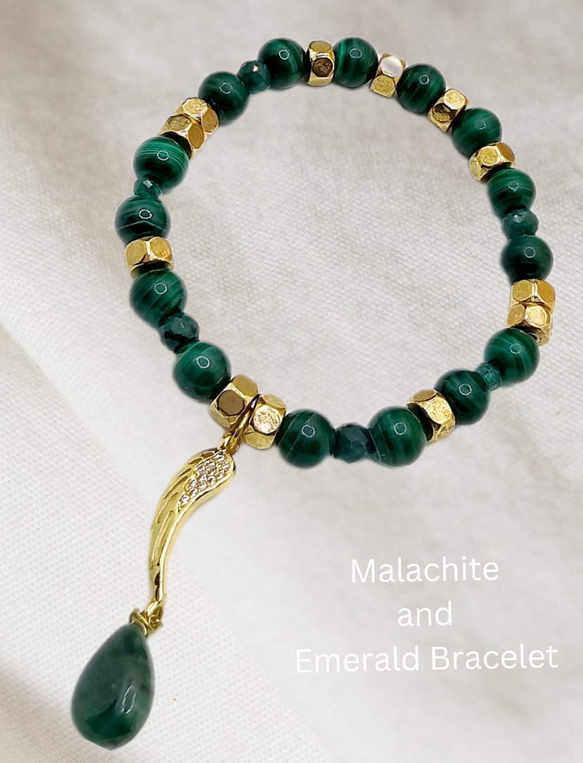 AAA Malachite & Certified Colombian Emerald Bracelet | Gold Wing Charm