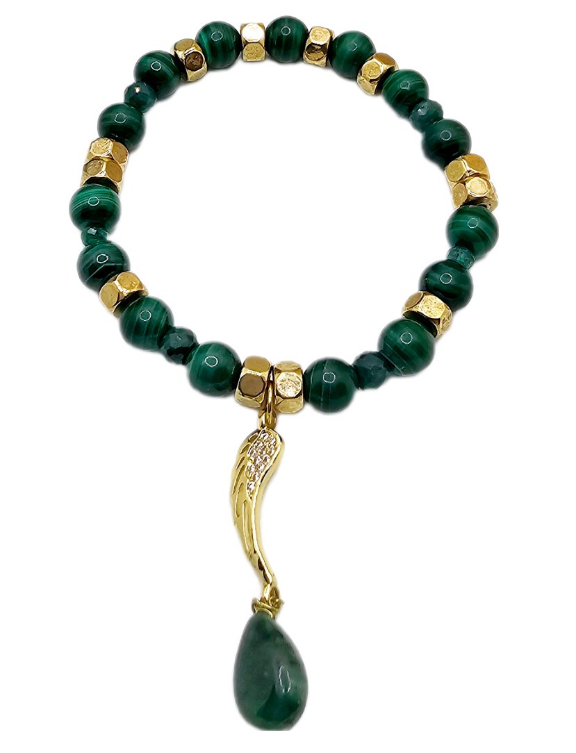 AAA Malachite & Certified Colombian Emerald Bracelet | Gold Wing Charm