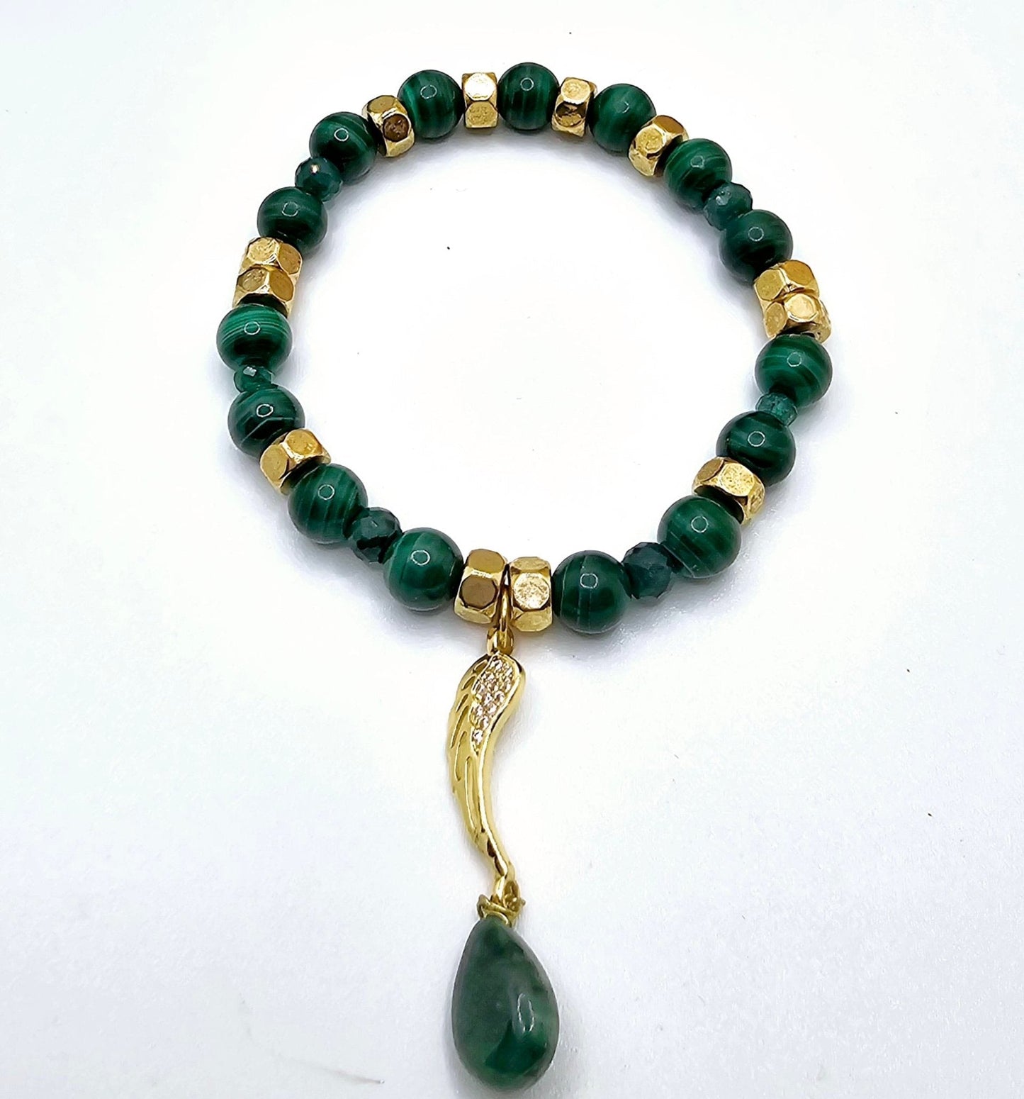 AAA Malachite & Certified Colombian Emerald Bracelet | Gold Wing Charm