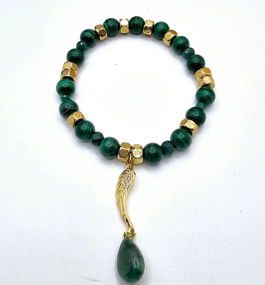 AAA Malachite & Certified Colombian Emerald Bracelet | Gold Wing Charm
