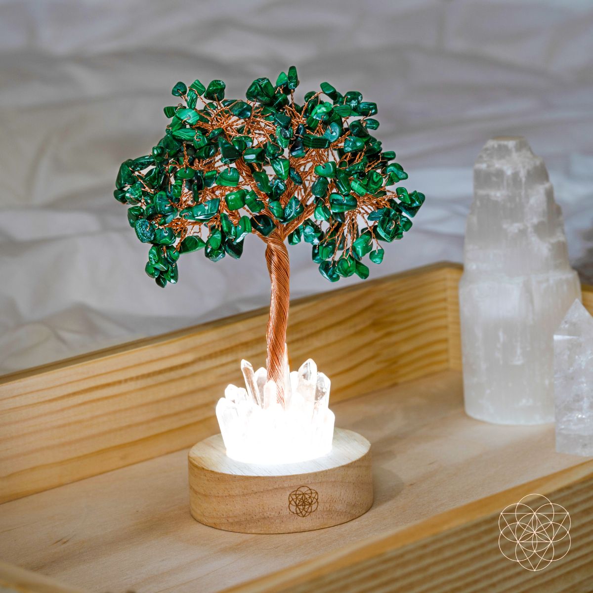 Malachite & Clear Quartz Crystal Tree Lamp | Feng Shui Night Light