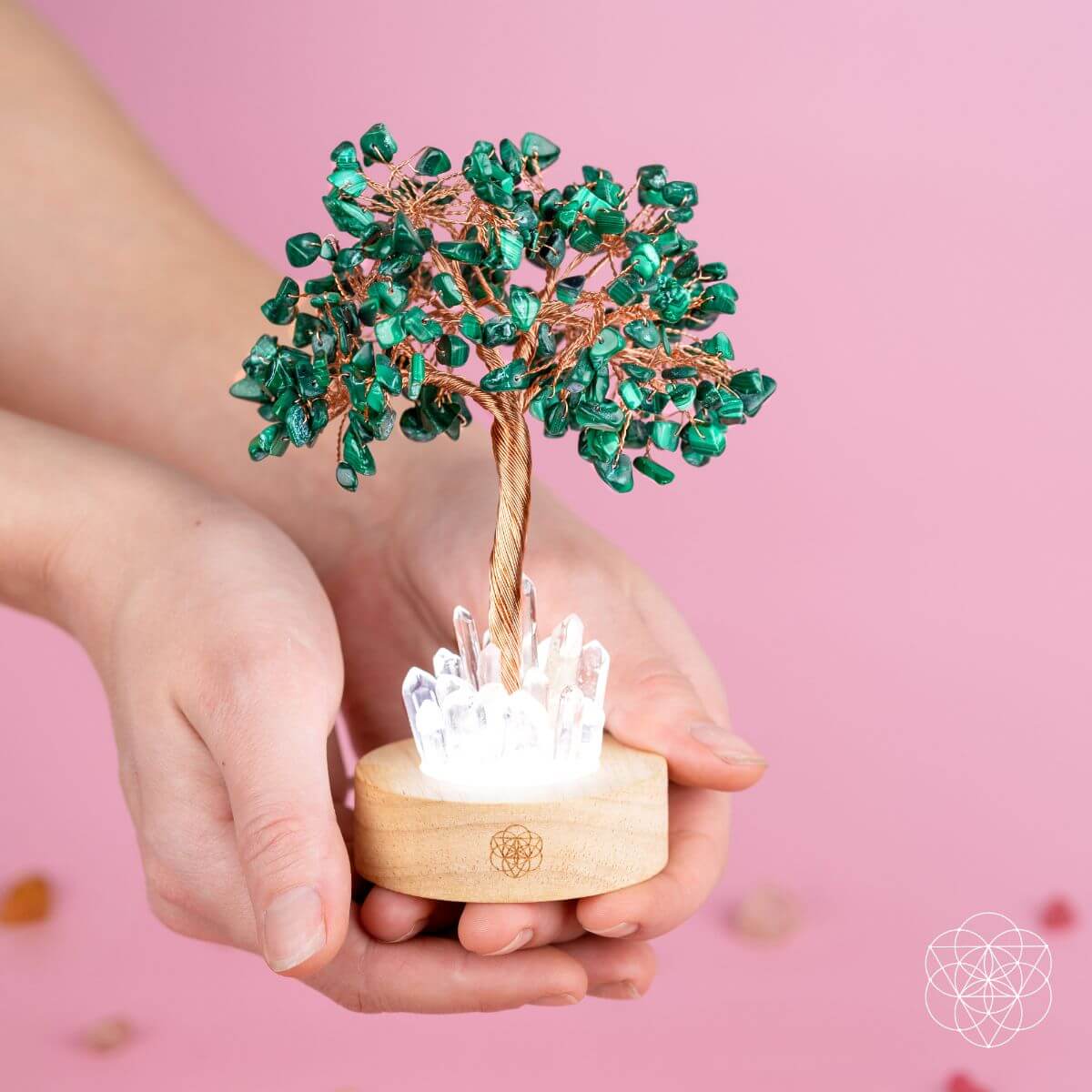 Malachite & Clear Quartz Crystal Tree Lamp | Feng Shui Night Light