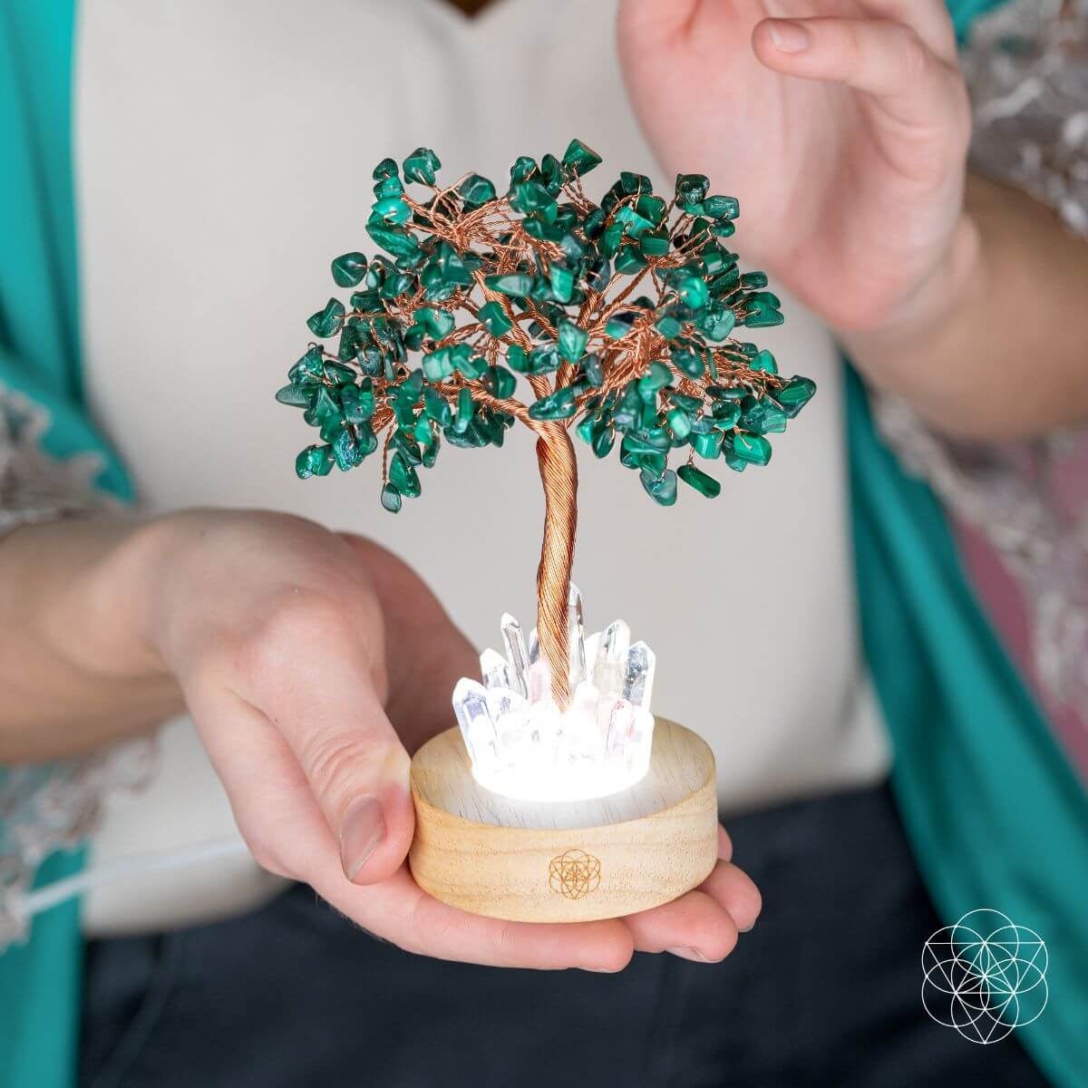 Malachite & Clear Quartz Crystal Tree Lamp | Feng Shui Night Light