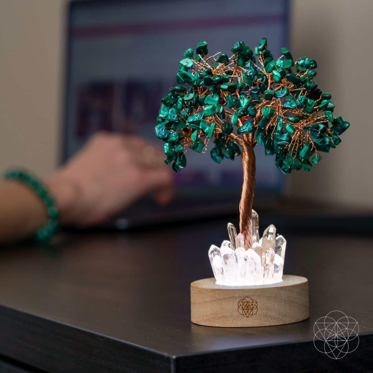 Malachite & Clear Quartz Crystal Tree Lamp | Feng Shui Night Light