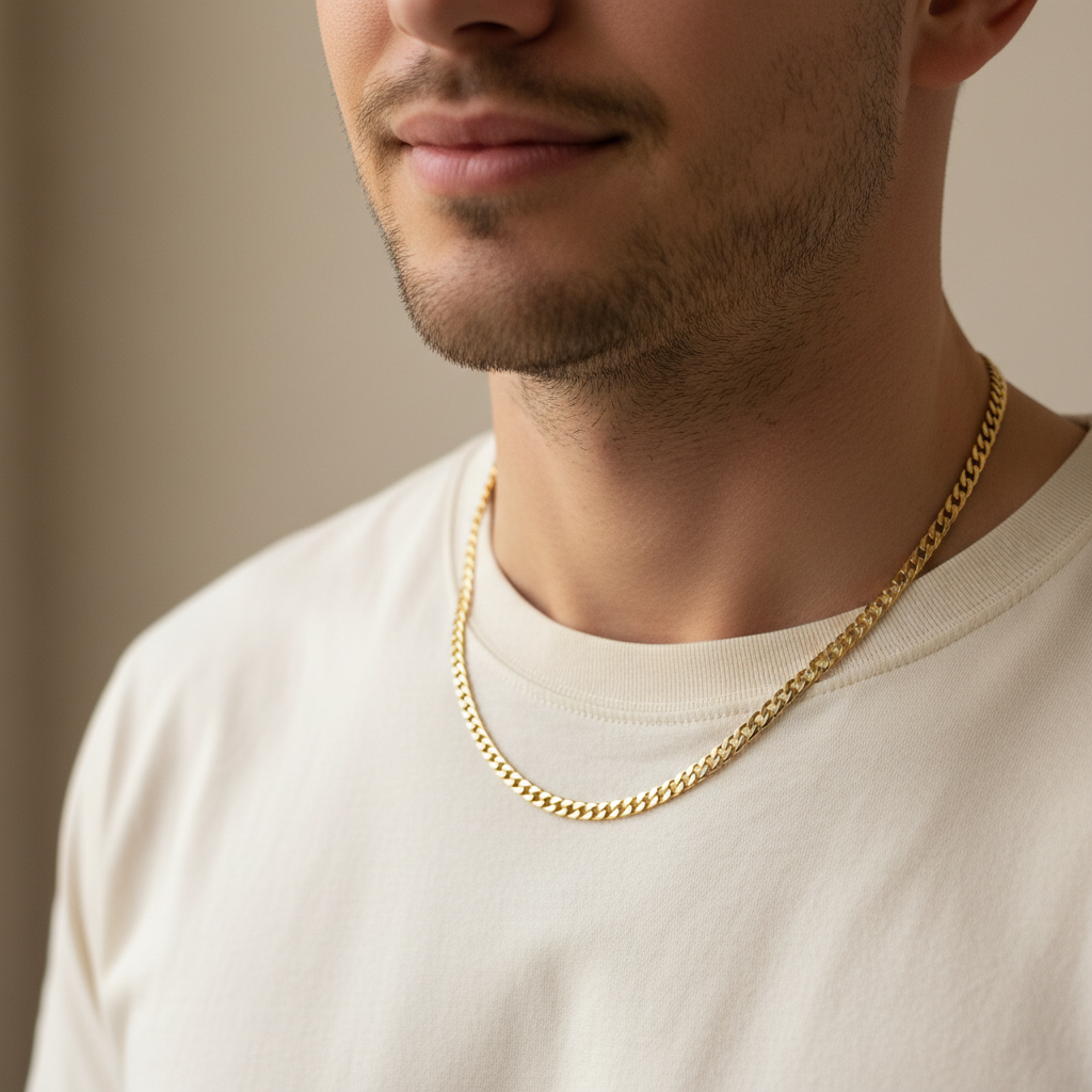 Man wearing 18K gold curb chain necklace
