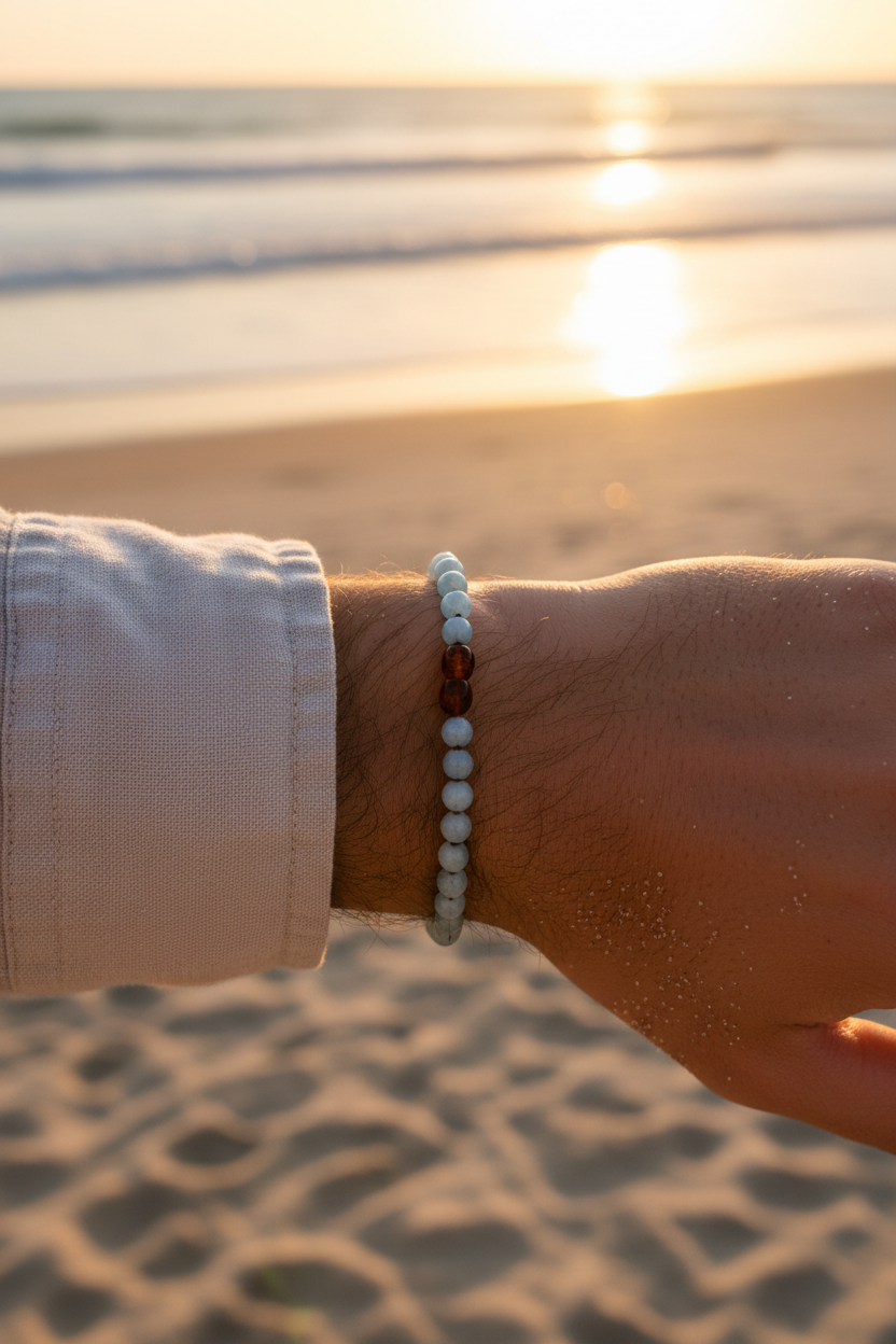 Man wearing aquamarine knotted bracelet at the beach