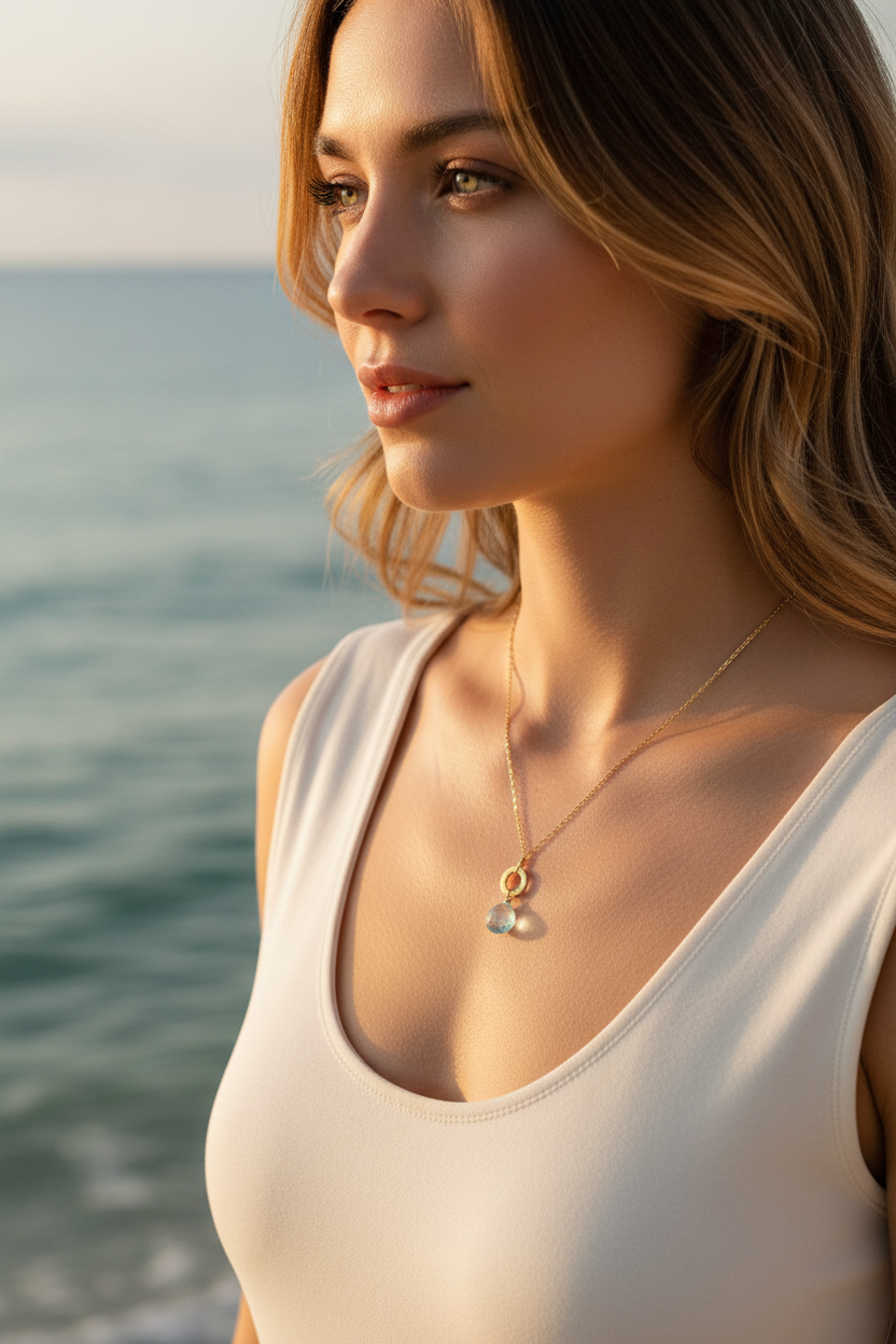 Mini Gemstone Layering Necklace — Aquamarine, Ocean Background