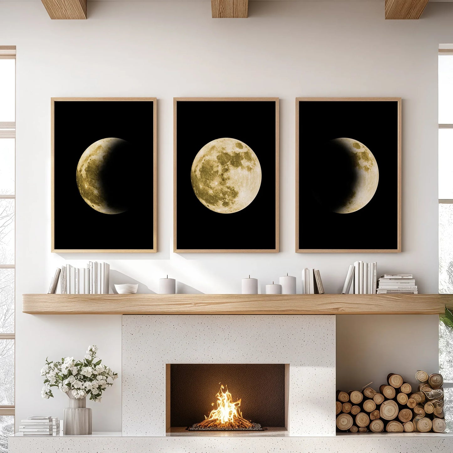 Celestial Moon Wall Art Set of 3 | Gold Moon Phases & Night Sky Prints