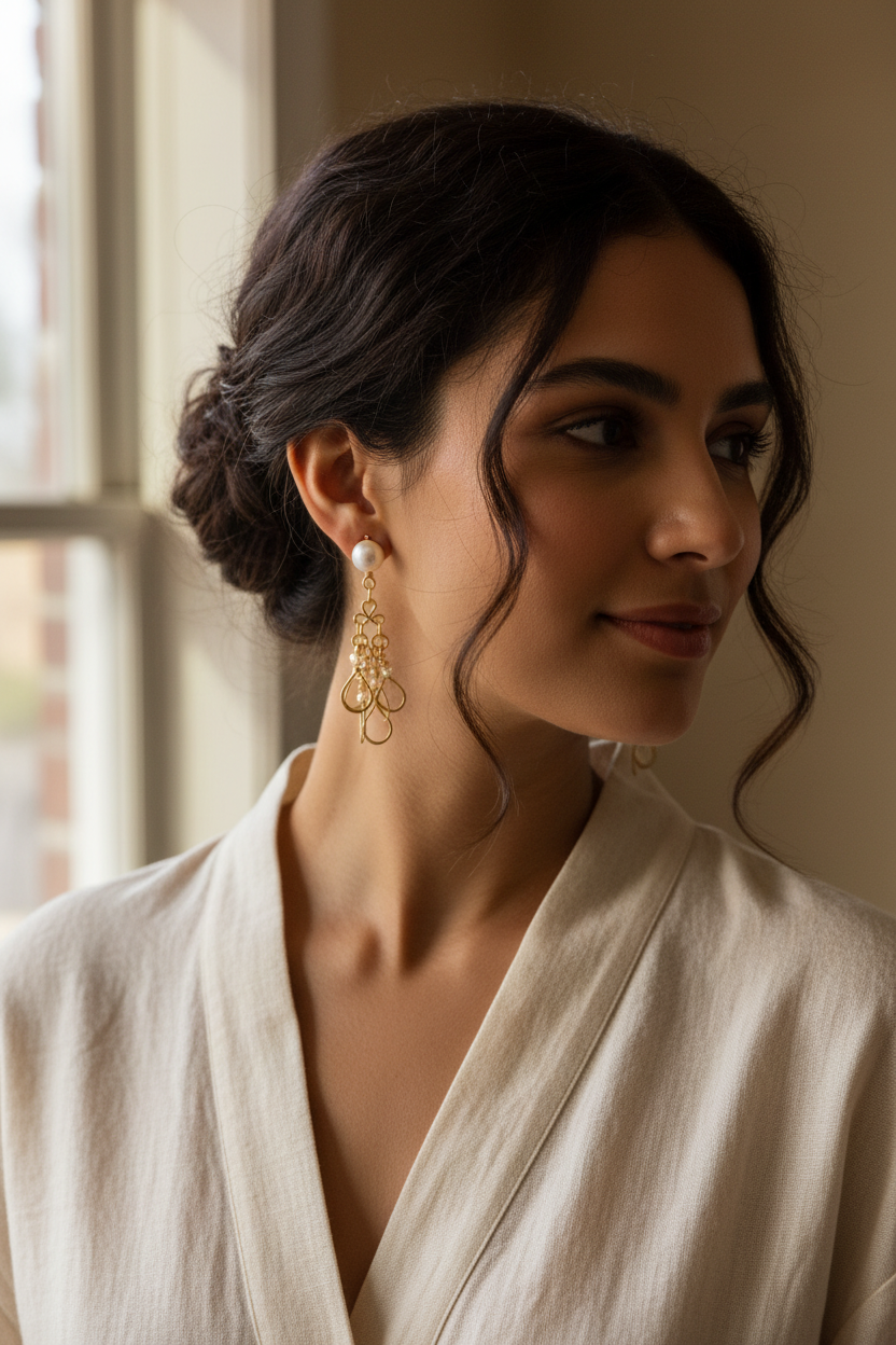 Model wearing 14K Gold-Filled Pearl Drop Earrings