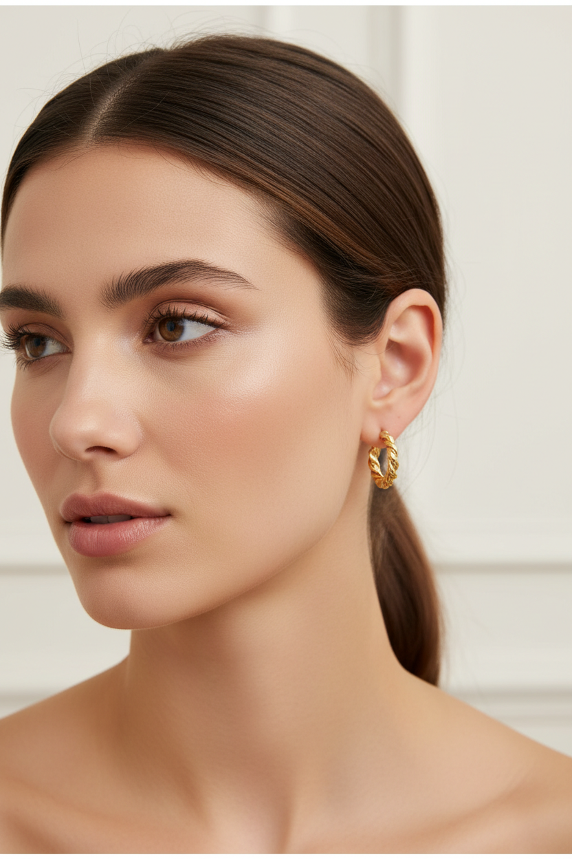 Model wearing 18K Gold Filled Twisted Rope C-Hoop Earrings