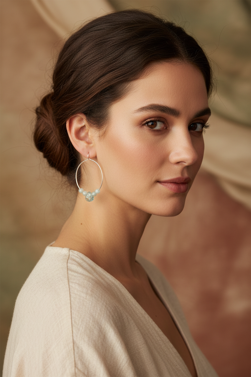 Model wearing Aquamarine Sterling Silver Hoop Earrings