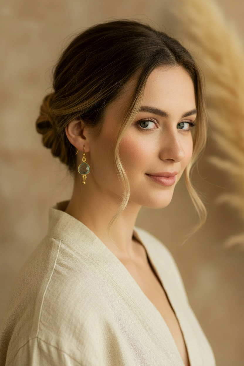 Model wearing Ballet Drop Earrings — smaller, daintier
