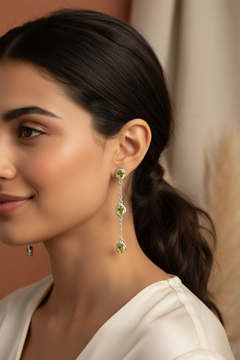 Model Wearing Peridot By-The-Yard Earrings