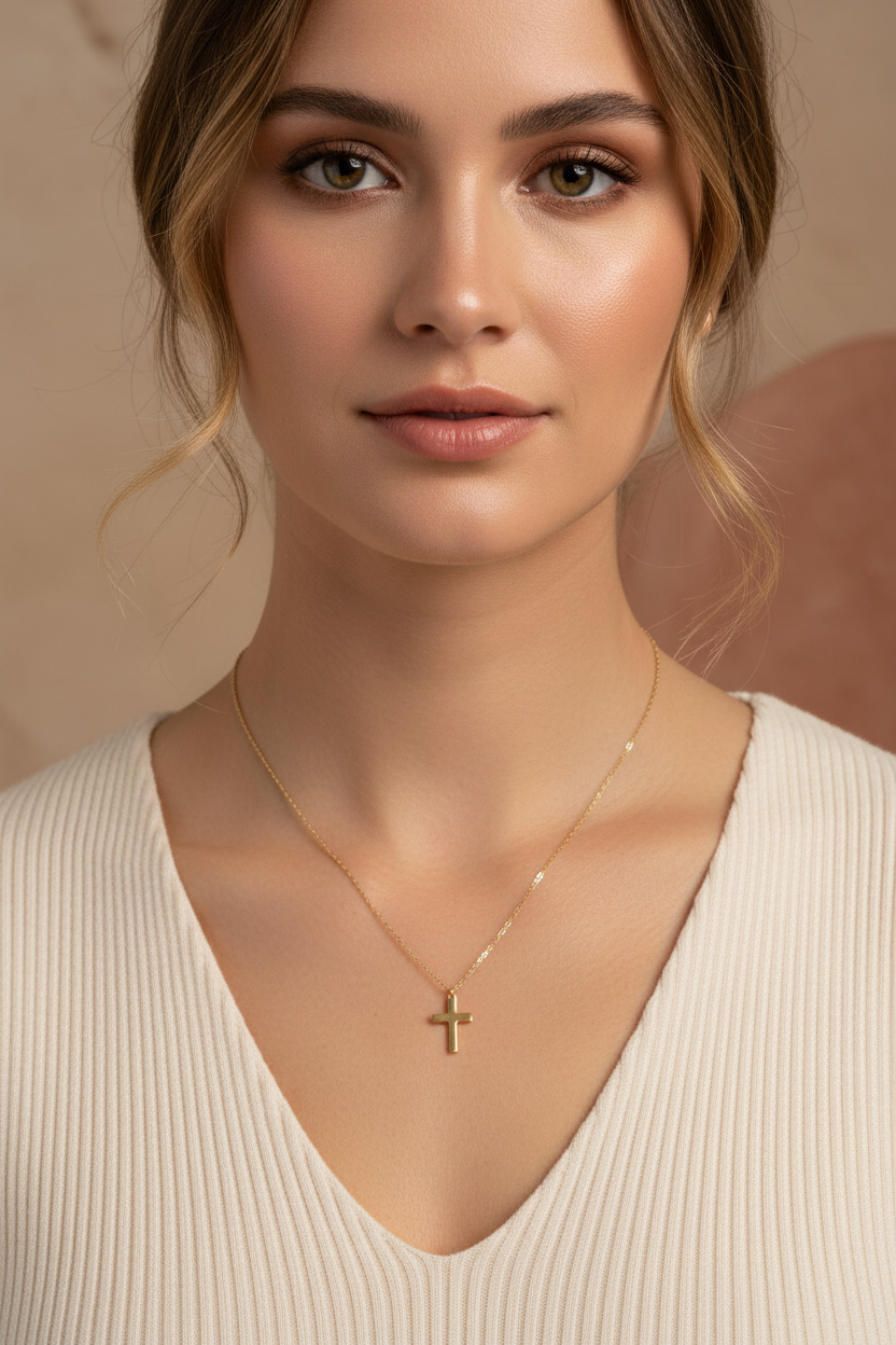 Model Wearing Simple Cross Necklace