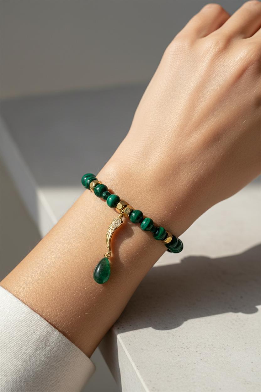Model Wearing Single Malachite & Emerald Bracelet