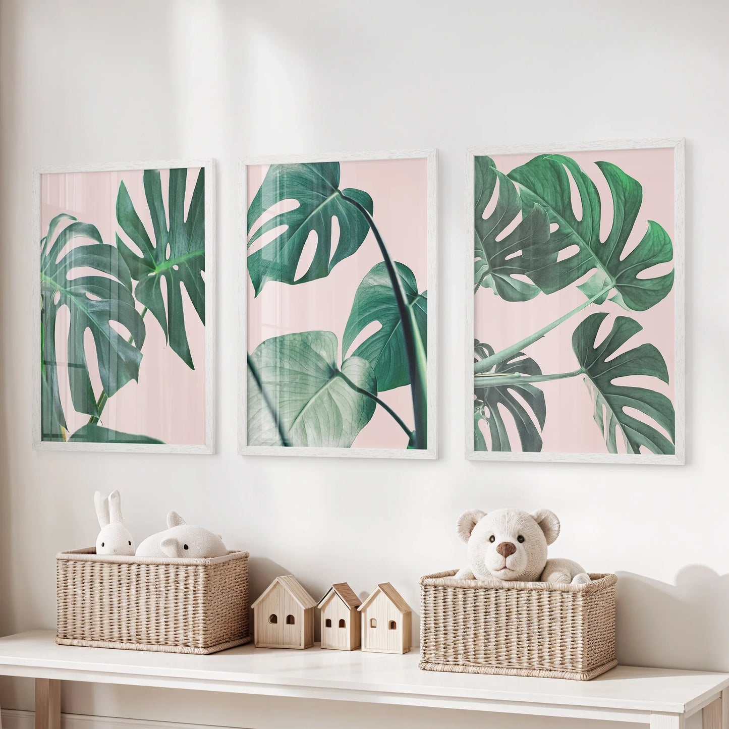 Botanical Wall Art Set of 3 | Pink & Green Monstera Leaf Prints