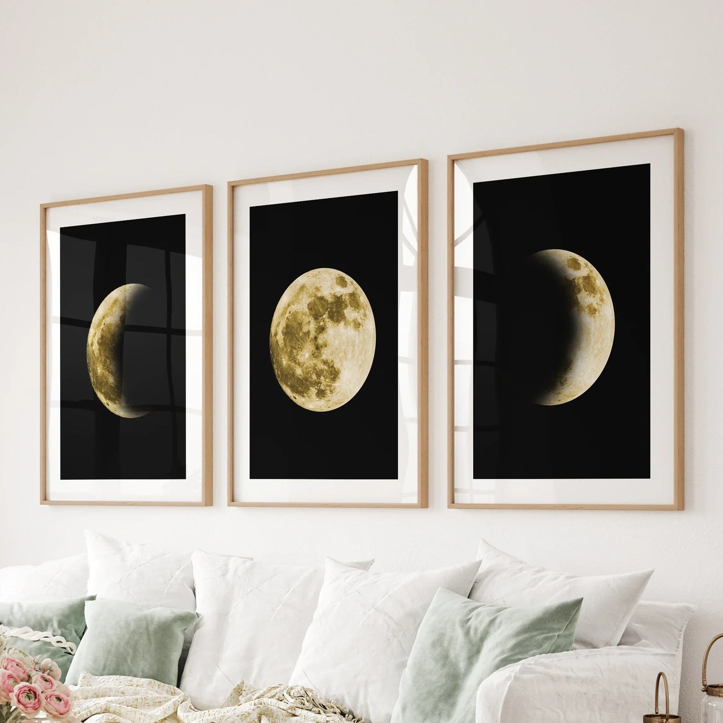Celestial Moon Wall Art Set of 3 | Gold Moon Phases & Night Sky Prints