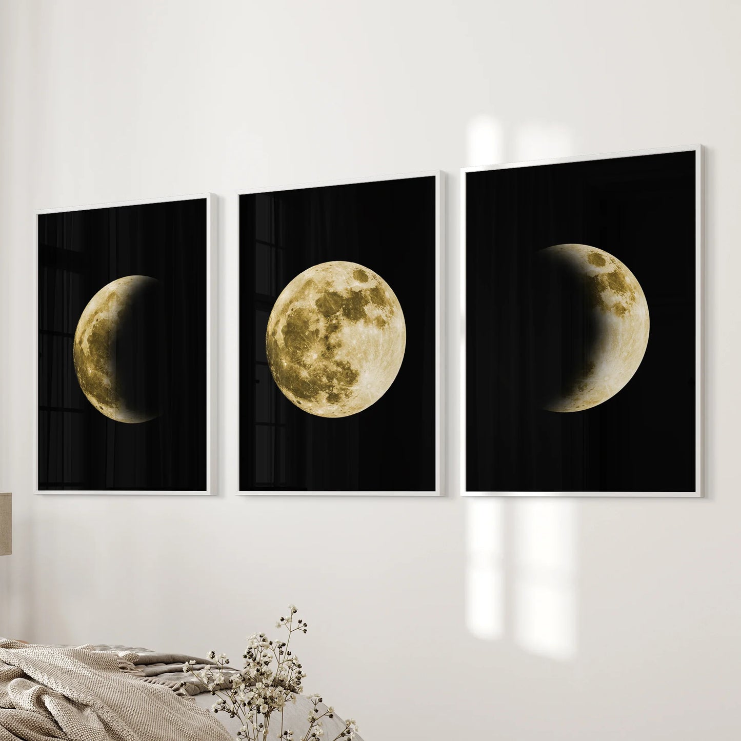 Celestial Moon Wall Art Set of 3 | Gold Moon Phases & Night Sky Prints