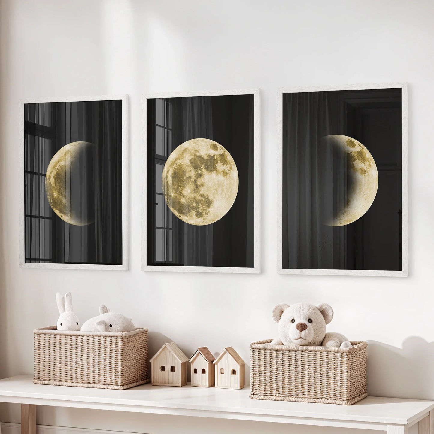 Celestial Moon Wall Art Set of 3 | Gold Moon Phases & Night Sky Prints