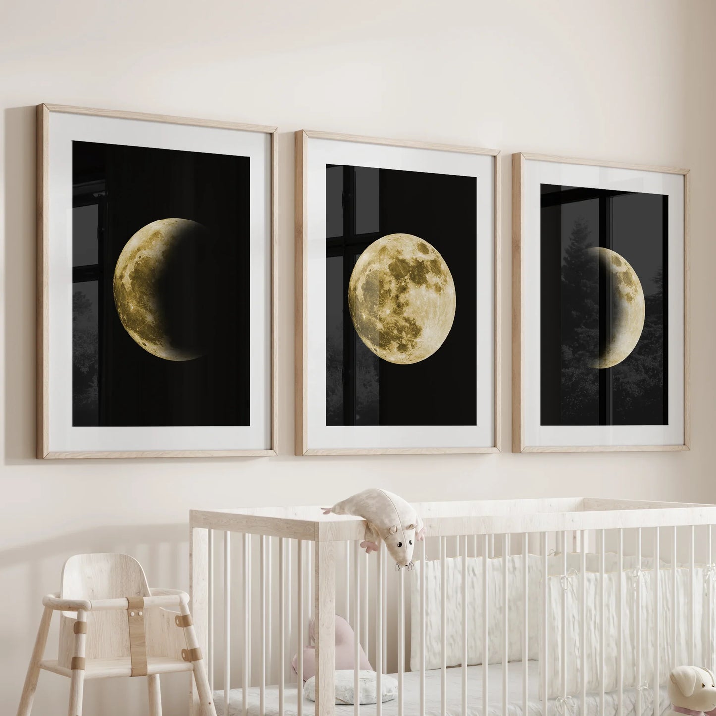 Celestial Moon Wall Art Set of 3 | Gold Moon Phases & Night Sky Prints