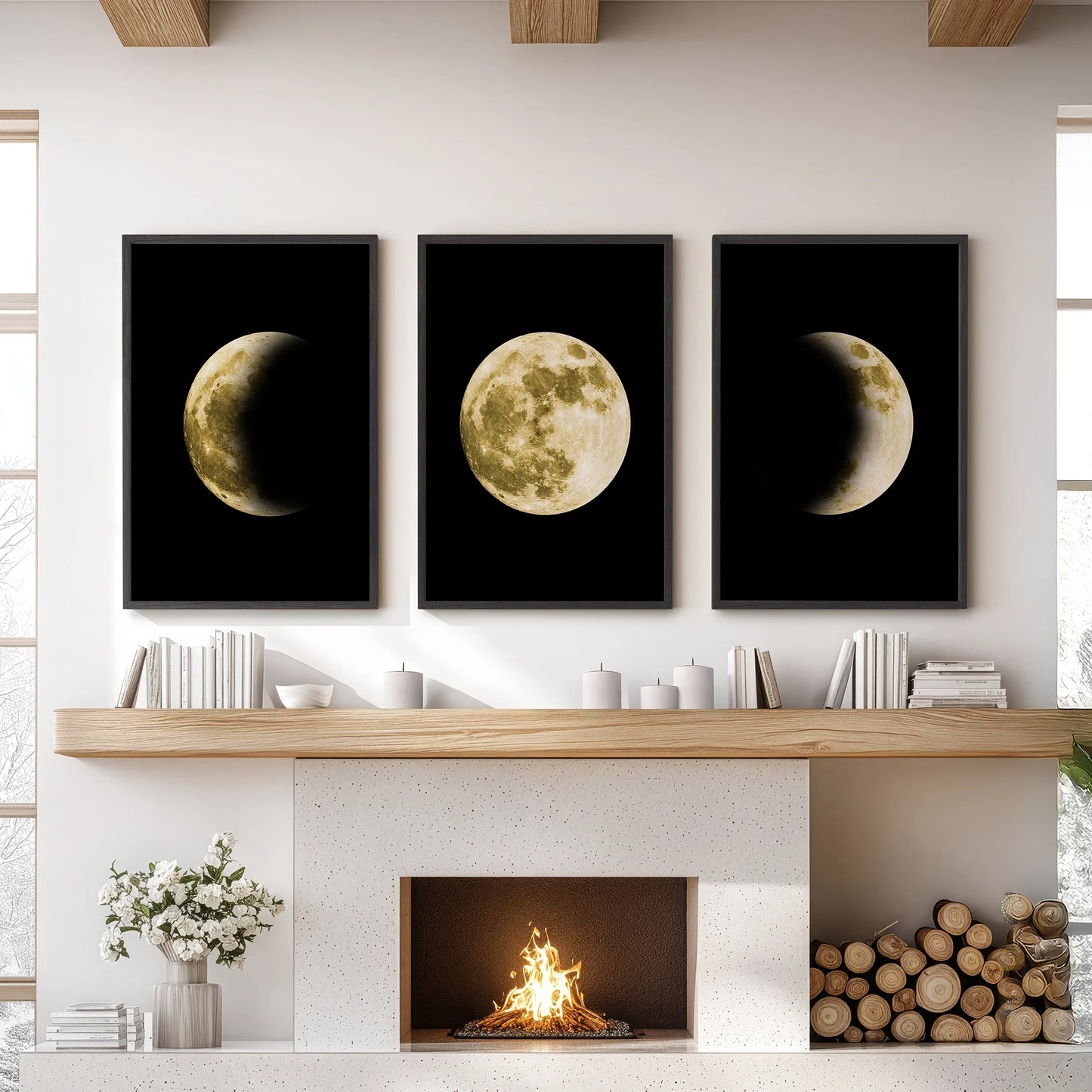 Celestial Moon Wall Art Set of 3 | Gold Moon Phases & Night Sky Prints