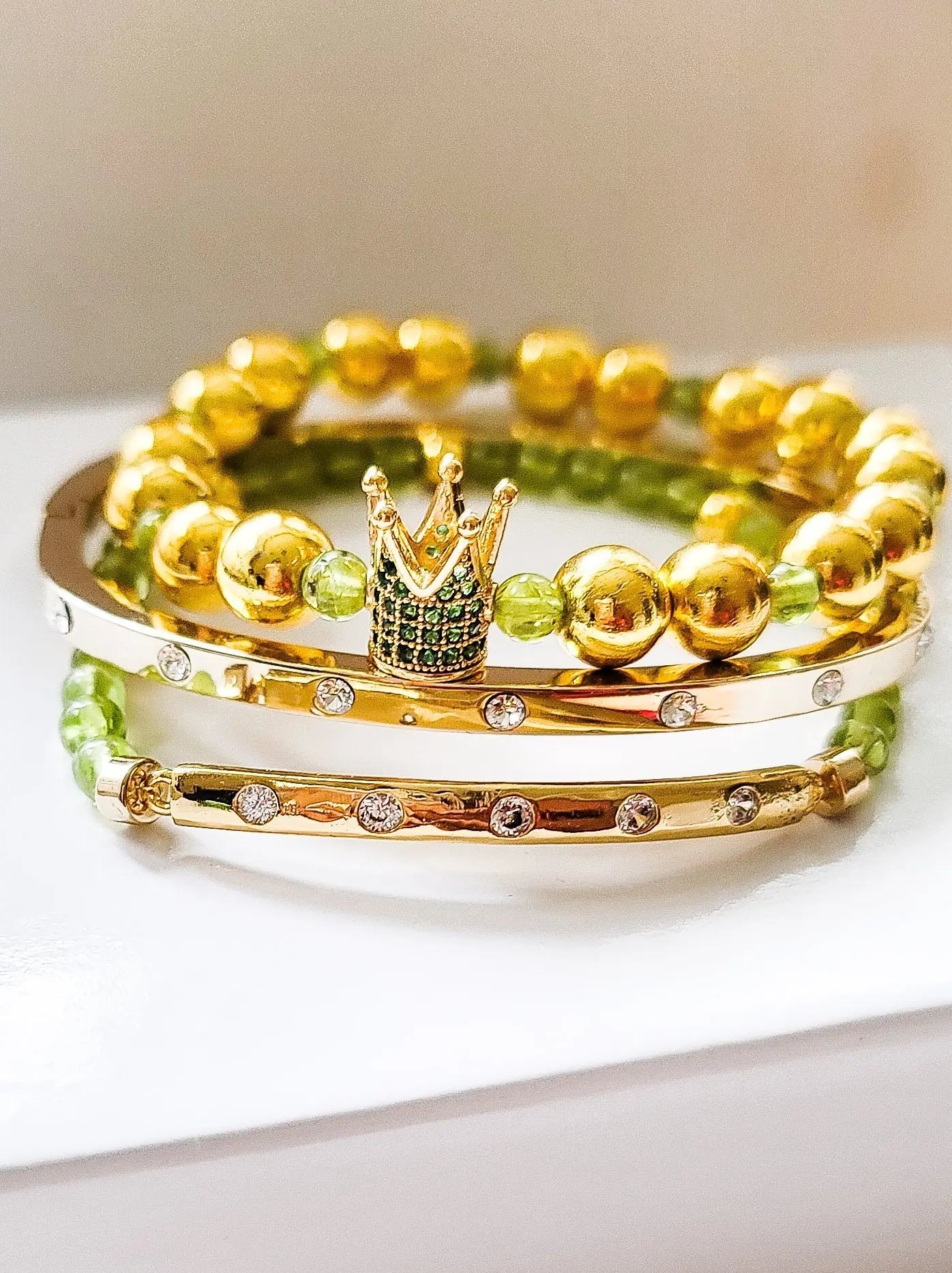 Peridot Crown Bracelet Set with Swarovski Crystals — 3-Piece 18K Gold Plated
