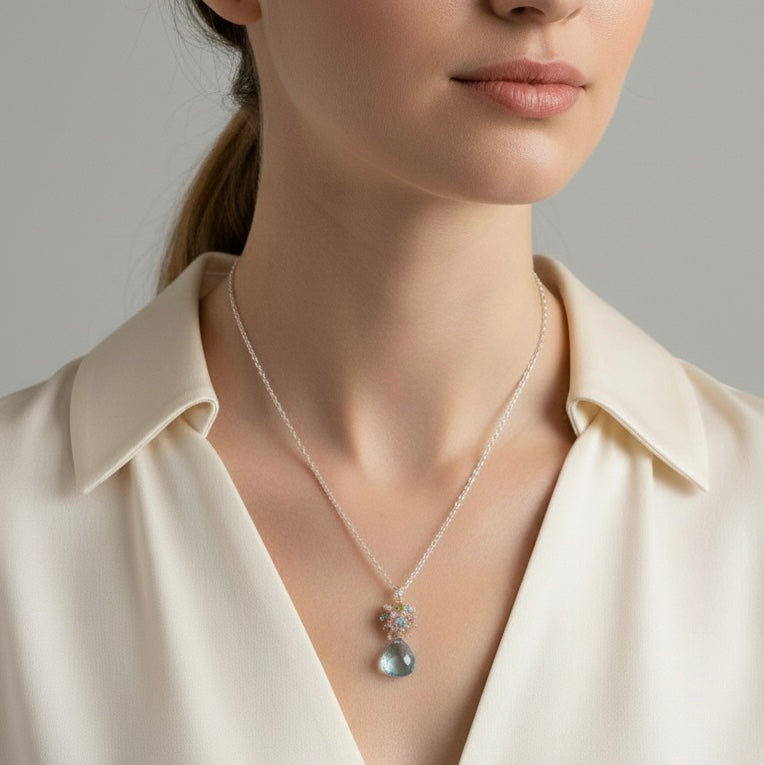 Aquamarine Quartz Raindrop Cluster Necklace