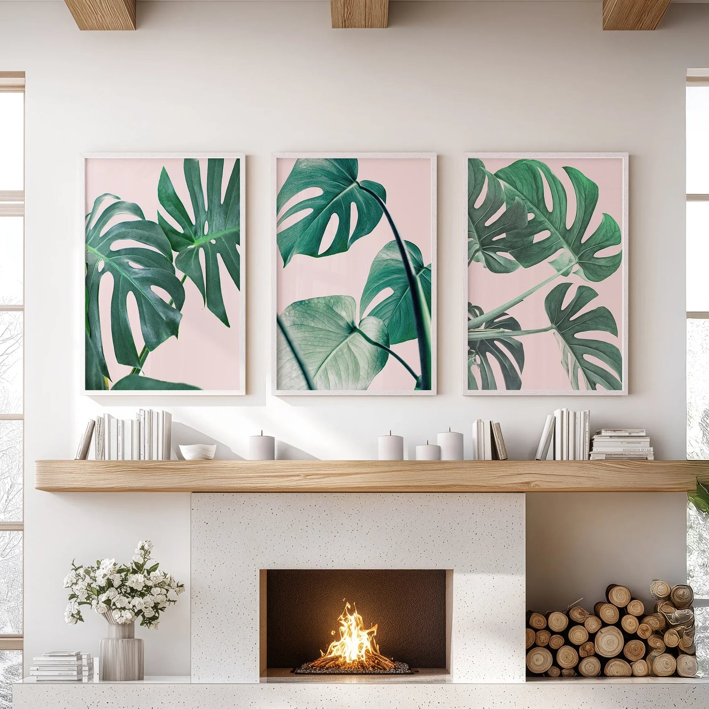 Botanical Wall Art Set of 3 | Pink & Green Monstera Leaf Prints