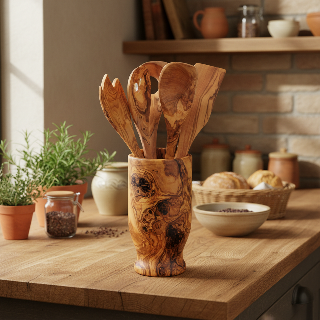 Wooden utensils in a holder on a kitchen counter with a rustic background