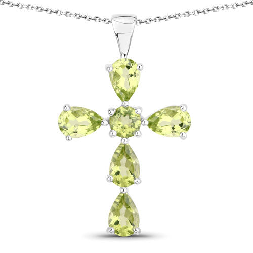 Genuine Peridot Cross Pendant Necklace in .925 Sterling Silver — 2.24 ctw