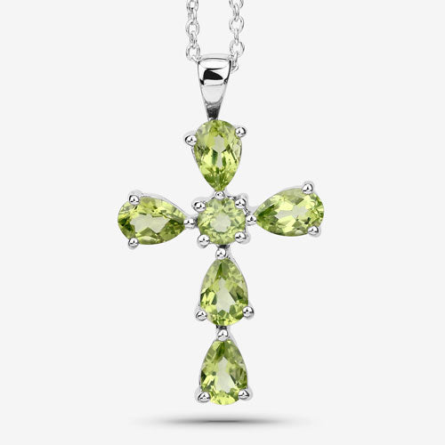 Genuine Peridot Cross Pendant Necklace in .925 Sterling Silver — 2.24 ctw