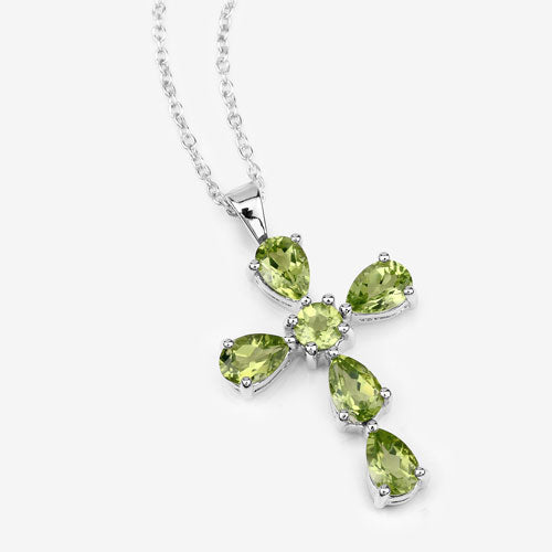 Genuine Peridot Cross Pendant Necklace in .925 Sterling Silver — 2.24 ctw
