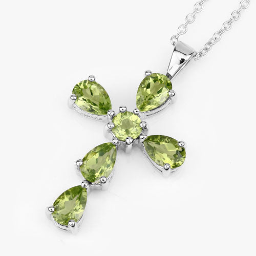 Genuine Peridot Cross Pendant Necklace in .925 Sterling Silver — 2.24 ctw