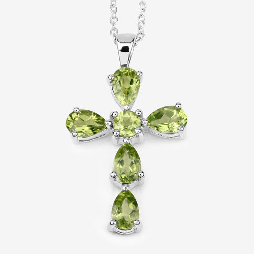 Genuine Peridot Cross Pendant Necklace in .925 Sterling Silver — 2.24 ctw