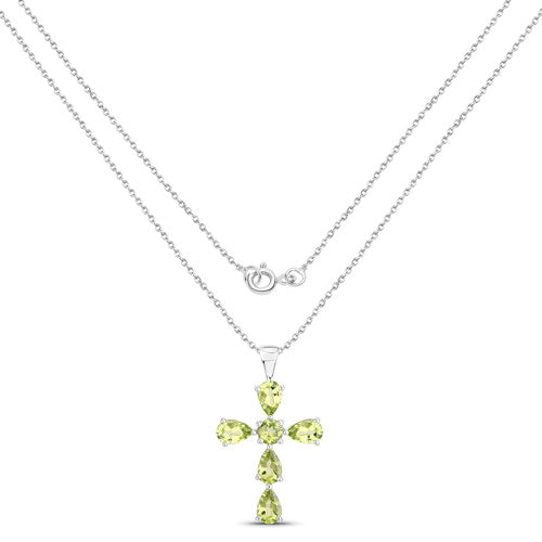 Genuine Peridot Cross Pendant Necklace in .925 Sterling Silver — 2.24 ctw