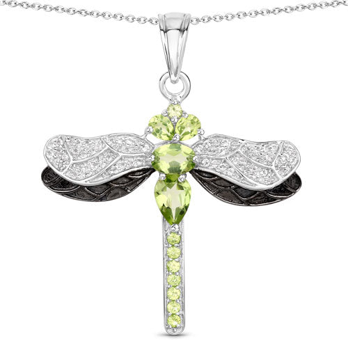 Genuine Peridot & White Topaz Dragonfly Pendant in .925 Sterling Silver — 1.98 ctw