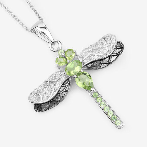 Genuine Peridot & White Topaz Dragonfly Pendant in .925 Sterling Silver — 1.98 ctw