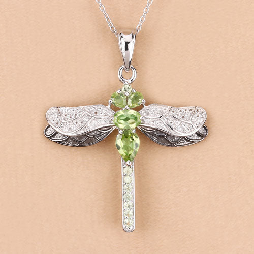 Genuine Peridot & White Topaz Dragonfly Pendant in .925 Sterling Silver — 1.98 ctw