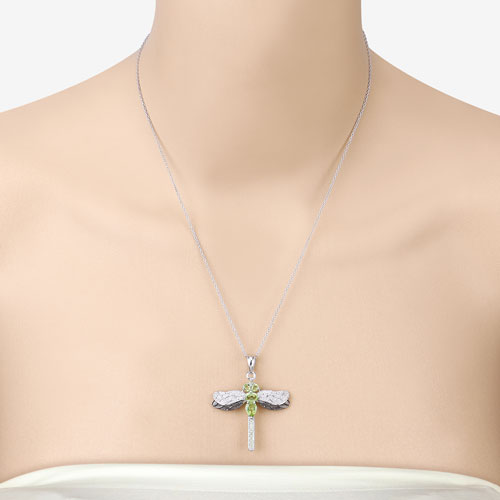 Genuine Peridot & White Topaz Dragonfly Pendant in .925 Sterling Silver — 1.98 ctw