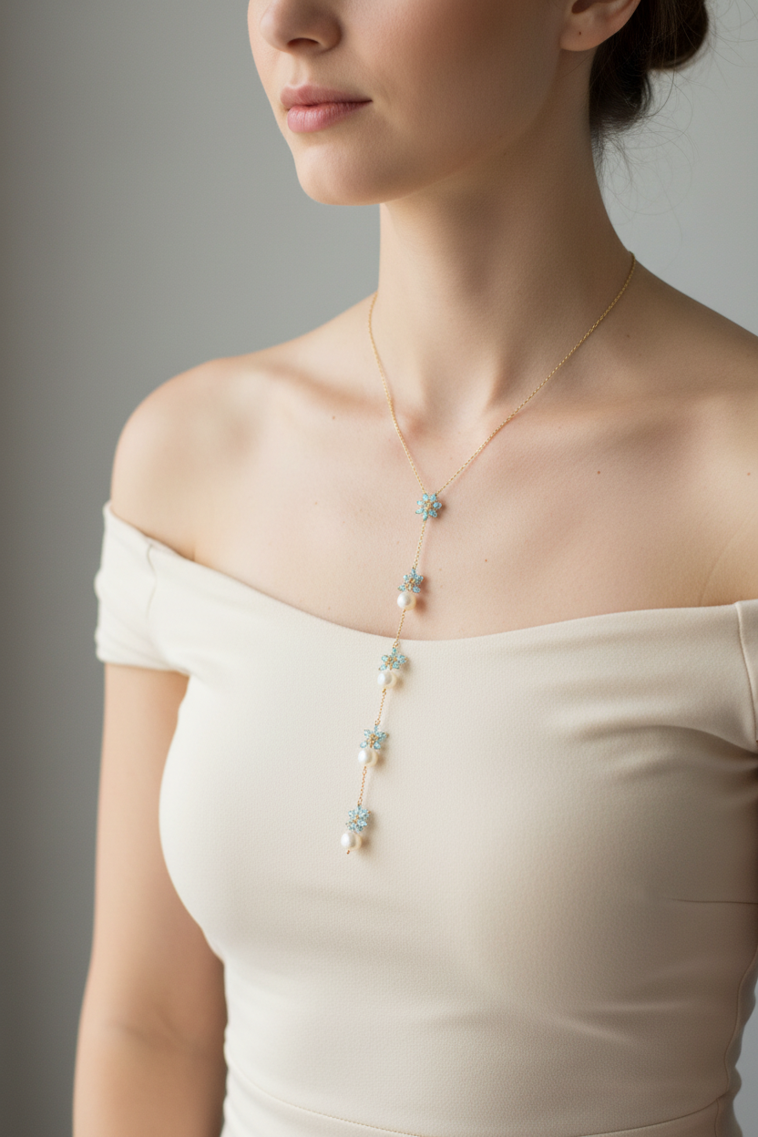 Pearl & Gemstone Y-Drop Necklace — Blue
