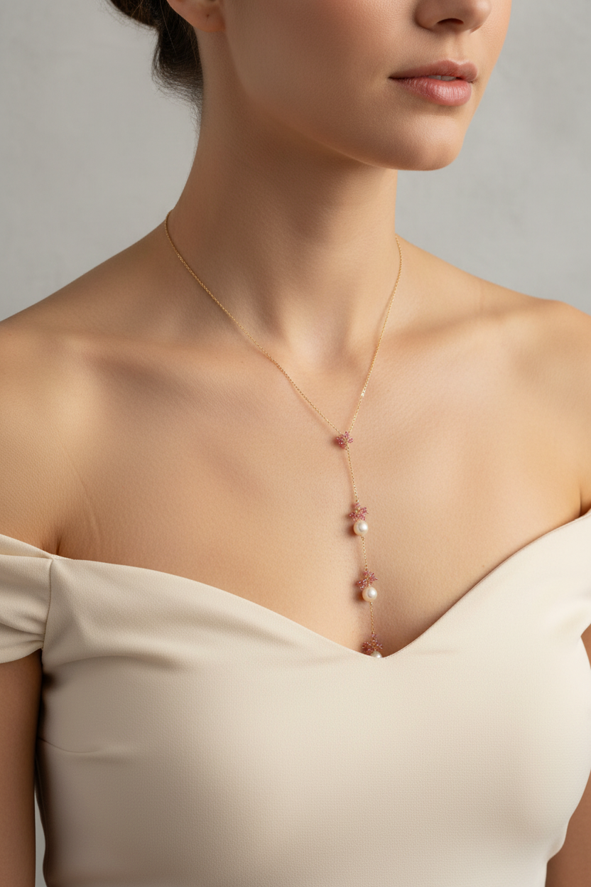 Pearl & Gemstone Y-Drop Necklace — Pink