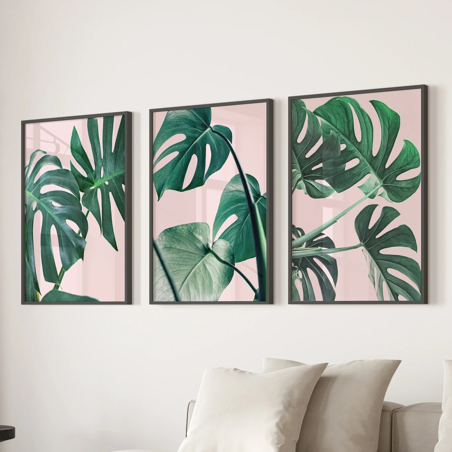 Botanical Wall Art Set of 3 | Pink & Green Monstera Leaf Prints