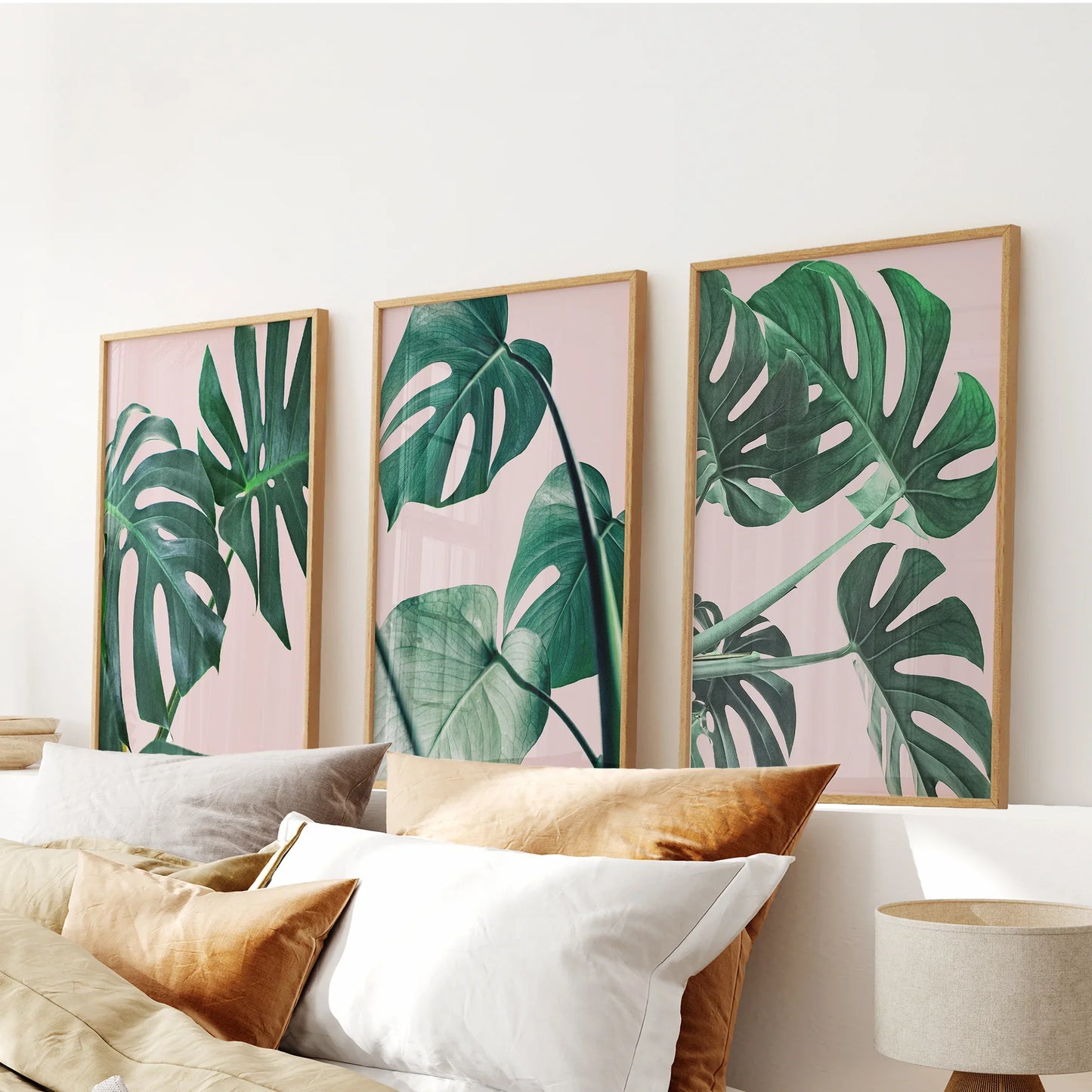 Botanical Wall Art Set of 3 | Pink & Green Monstera Leaf Prints